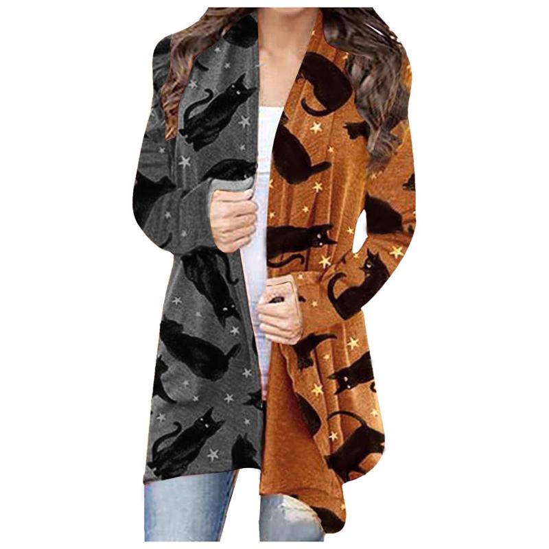 

Women's Jackets Halloween Cardigan For Women Star Cat Print Patchwork Loose Coat BlouseWomen's, Grey
