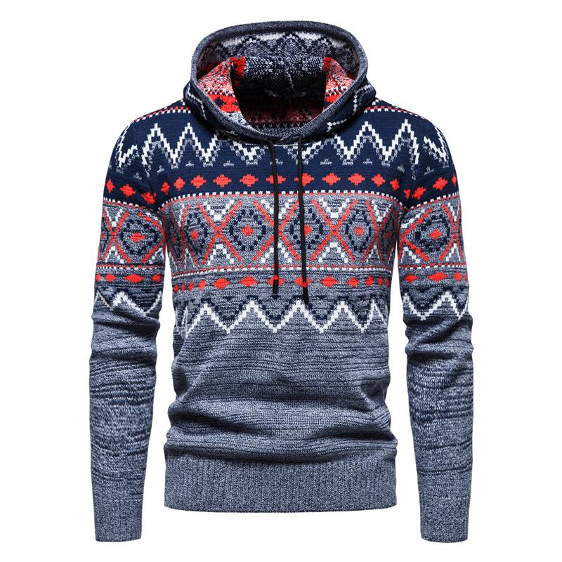 

Men's Sweaters European And American Hooded Knitted Sweater Rhomboid Jacquard Personality Ethnic Style Coat Mens, Gray