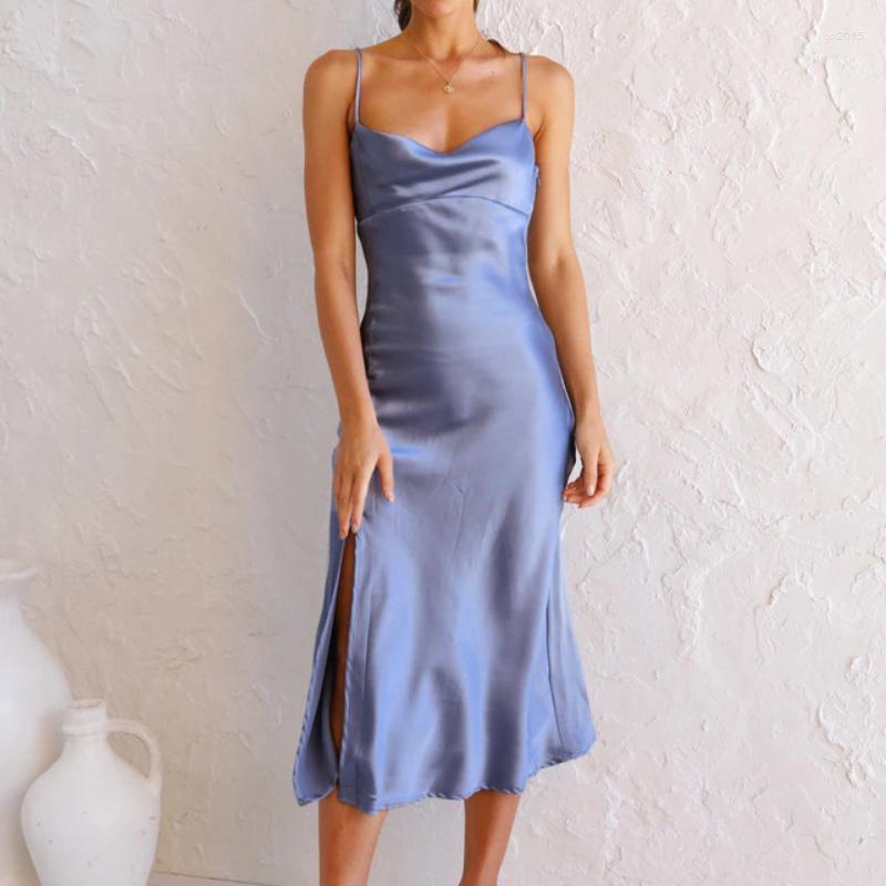 

Casual Dresses Satin Summer Dress Spaghetti Strap Slit Hem Sexy Elegant Long Women Party Vestidos 2022 Solid Color Skinny Ladies, Light purple