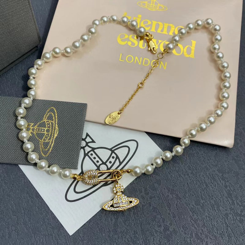 

18K Gold Plated Brass Copper Necklace Fashion Women Designer Necklaces Choker VW-Letter Pendant Chain Crystal Pearl Statement Wedding Jewelry B396