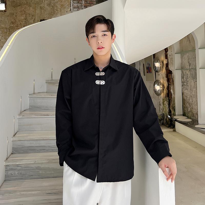 

Men's Casual Shirts Men Metal Button Decorated Loose Long Sleeve Shirt Japan Korean Fashion Male Streetwear Chic Dress Blouse For ManMen's, H1607 black