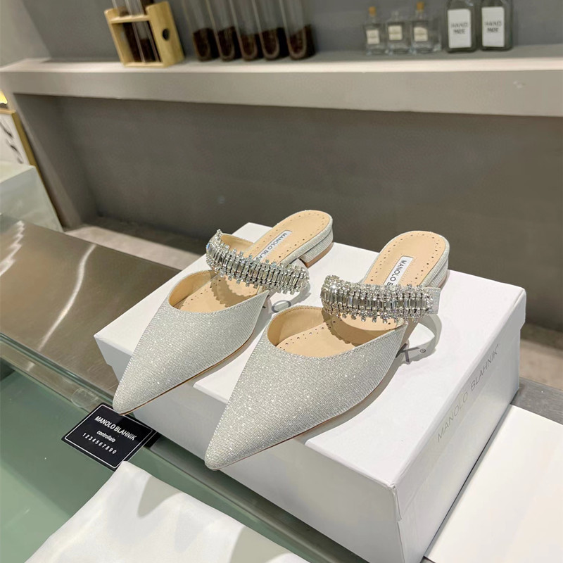 

Manolo Brand Slippers Luxury Designer Flats Slides Pointed Toe Rhinestones Runway Shoes Lady, Original box