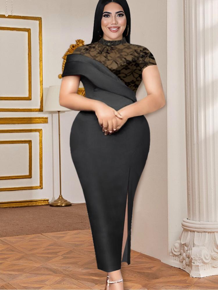 

Plus Size Dresses Black High Neck Lace Patchwork Elegant Evening Cocktail Party Gowns Sexy Bodycon Slit Outfits 4XL Summer 2022Plus