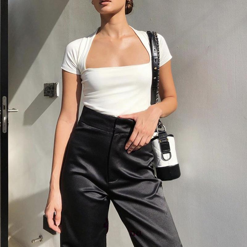

Women' T-Shirt Short Sleeve Low Square Neck Women T Shirt Summer High Waist Slim Ladies Elegant 2022 French Chic Streetwear Top ClothesWome, White