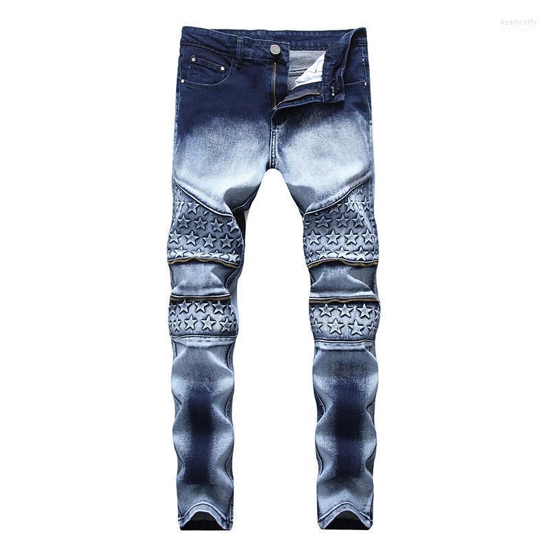 

North American Men's Amazon Foreign Trade Jeans Zipper Elastic Fashion Two Color Slim Straight Pants Heat22, Dark blue