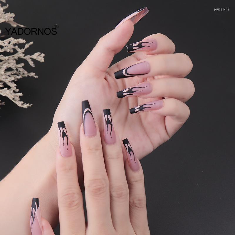 

False Nails 24pcs Press On Black Flames Nail Patch Sweet Style Removable Long Paragraph Manicure Save Time Ty Prud22, As pic