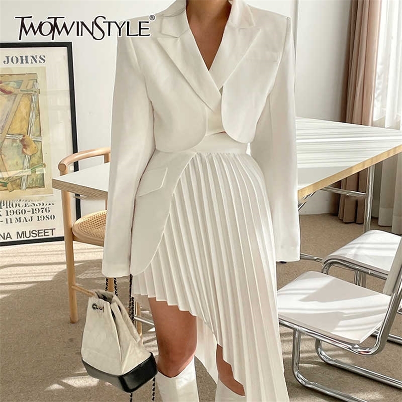 

TWOTWINSTYLE Casual White Two Piece Set For Women Notched Long Sleeve Blazer High Waist Irregular Hem Skirt Female Korean Sets 210708, Lightblue