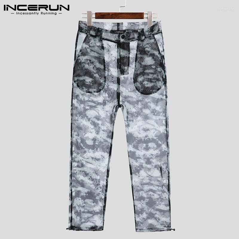 

Men' Pants Men Printed Mesh 2022 See Through Pockets Sexy Straight Trousers Breathable Streetwear Vacation Pantalon INCERUN 5XL 7Men' Bert, Black