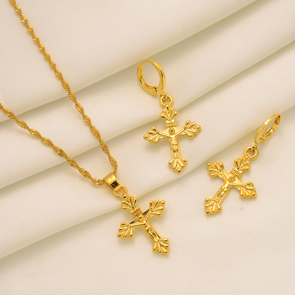 Traditiona INRI croix pendentif boucles d'oreilles collier Fine or massif aile épée érythrée ensemble de bijoux pour femmes Habesha fête de maria