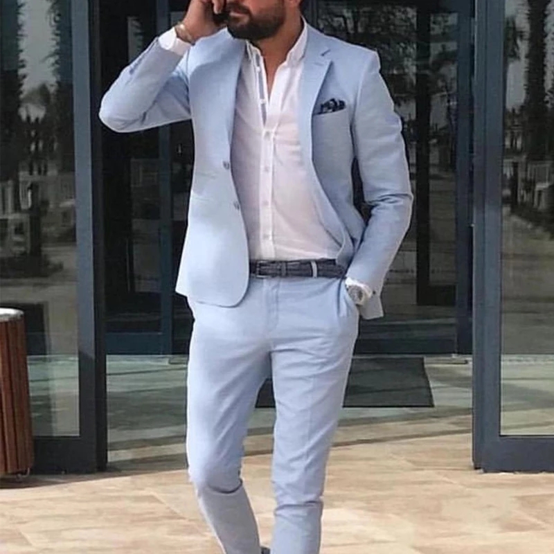 

Sky Blue Linen Beach Men Suits 2021 Summer 2 Piece Slim Fit Groom Tuxedo for Wedding New Male Fashion Jacket with Pants, White
