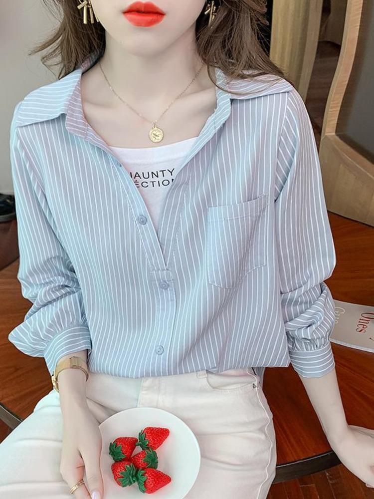 

Women' Blouses & Shirts Women Elegant Long Sleeve Casual Turn-Down Collar Office Stripe Simple All-match Shirt Streetwear, Black bar