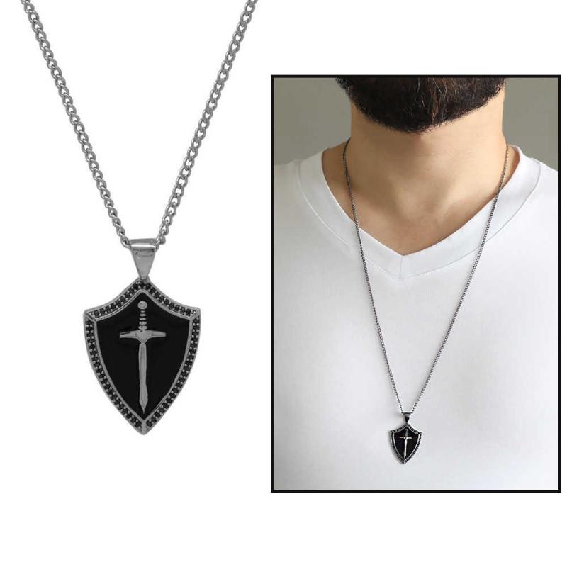 

Pendant Necklaces Tesbihane Sword Design Black Color Chain Brass Male Necklace