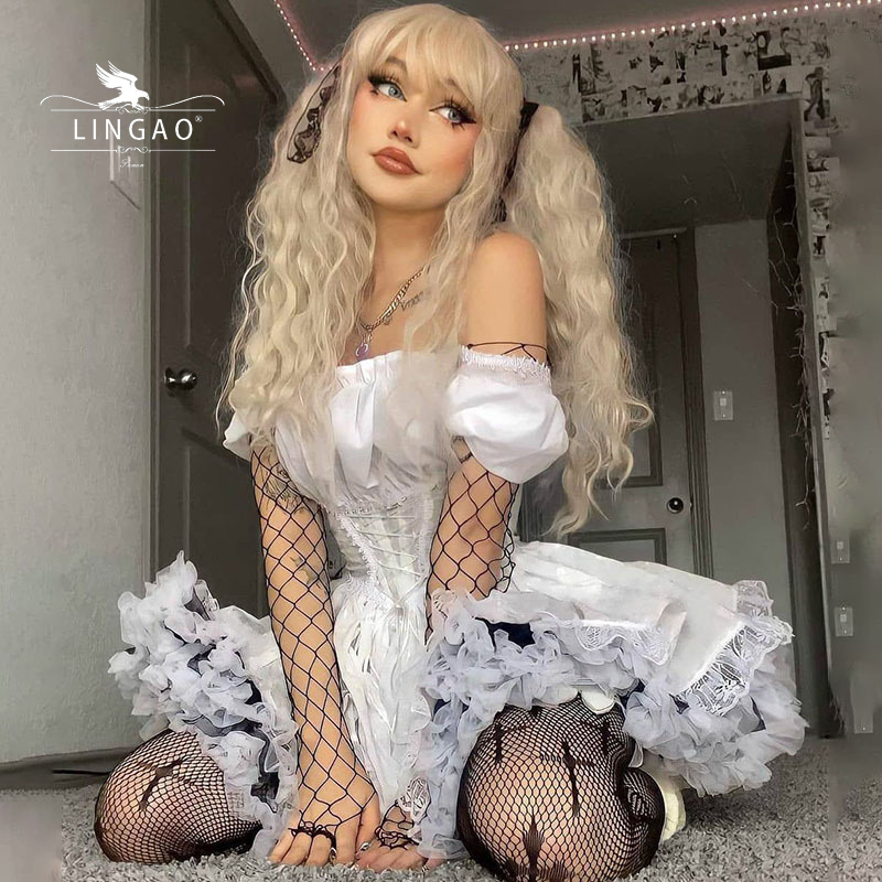 

Fairy Grunge Square Neck Lace Trim Sexy Kawaii Slim White Dress Women Bandage Fall Dress Gothic Clothes 220322, A2