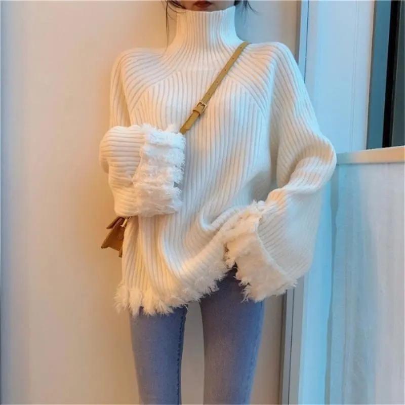 

Women' Sweaters Knitted Turtleneck Sweater Women Winter Warm Pullover Casual High Street Patchwork Designer Korean 2022Women, Blue