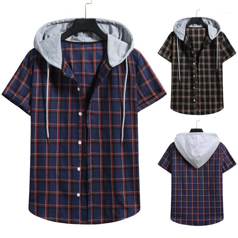 

Summer Arrival Checked Hooded Short-sleeved Shirts For Men Men' Casual, Black
