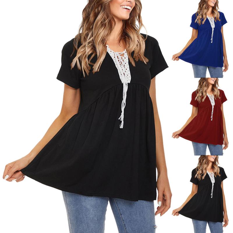 

Women' Blouses & Shirts Fashion Lace Tunic Blouse Shirt Casual Loose V-Neck Tops Tee Summer Ladies Female Women Short Sleeve Blusas Pullove, Dark blue