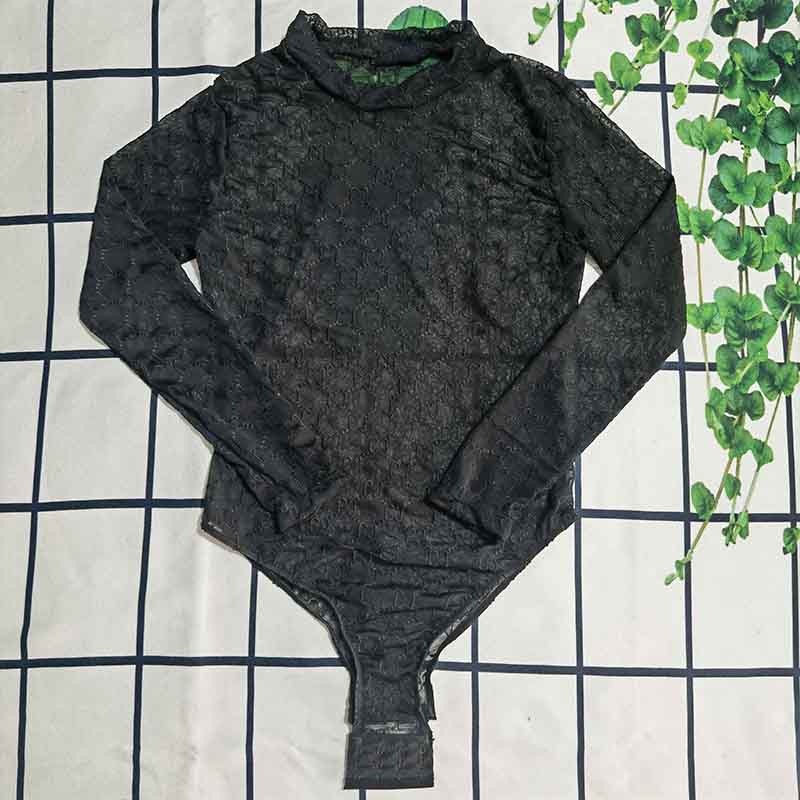

Black Lace Romper Textile Fashion Long Sleeve Jumpsuits Sexy Hollow Mesh High Waist Bodysuit for Women, As pic