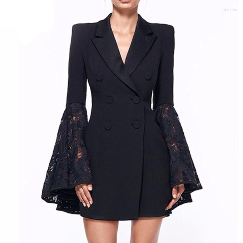 

Women' Suits & Blazers Lapel Double-breasted Trumpet Sleeves Long Paragraph Small Suit Jacket Business Wear, Black