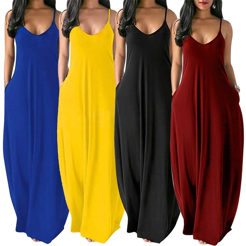 

Summer Women Plus Size Dresse Womens Sexy VNeck Sleeveless Strap Sundress Ladies Solid Color Long Dress S5XL 220613, Orange