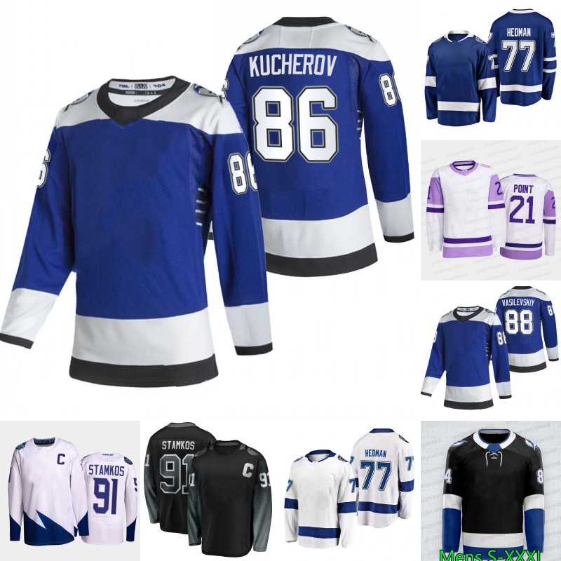 

#86 Nikita Kucherov Jersey Steven Stamkos Brayden Point Andrei Vasilevskiy Ondrej Palat Mikhail Sergachev Victor Hedman Pat Maroon Boris Katchouk Brian Elliott, Mens purple s-xxxl