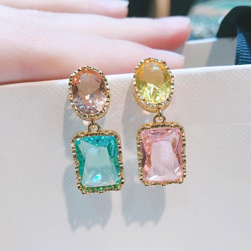 

Dangle & Chandelier Oval Rectangle Colorful Crystal Stone Earrings For Women Gold Color Blue Pink Vintage Baroque Asymmetric TrendyDangle