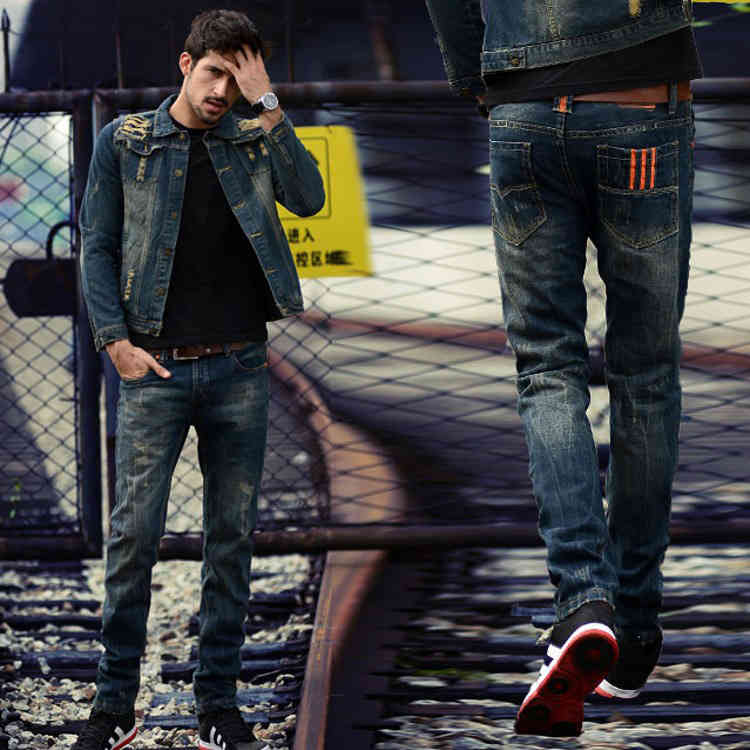 

Small straight trendy slim jeans men's large pants, White zipper