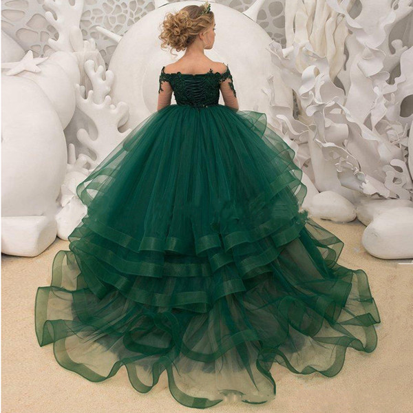 

High-end new lace court long-sleeved princess dress show dance flower girl wedding dress long tail dresses, Dark green