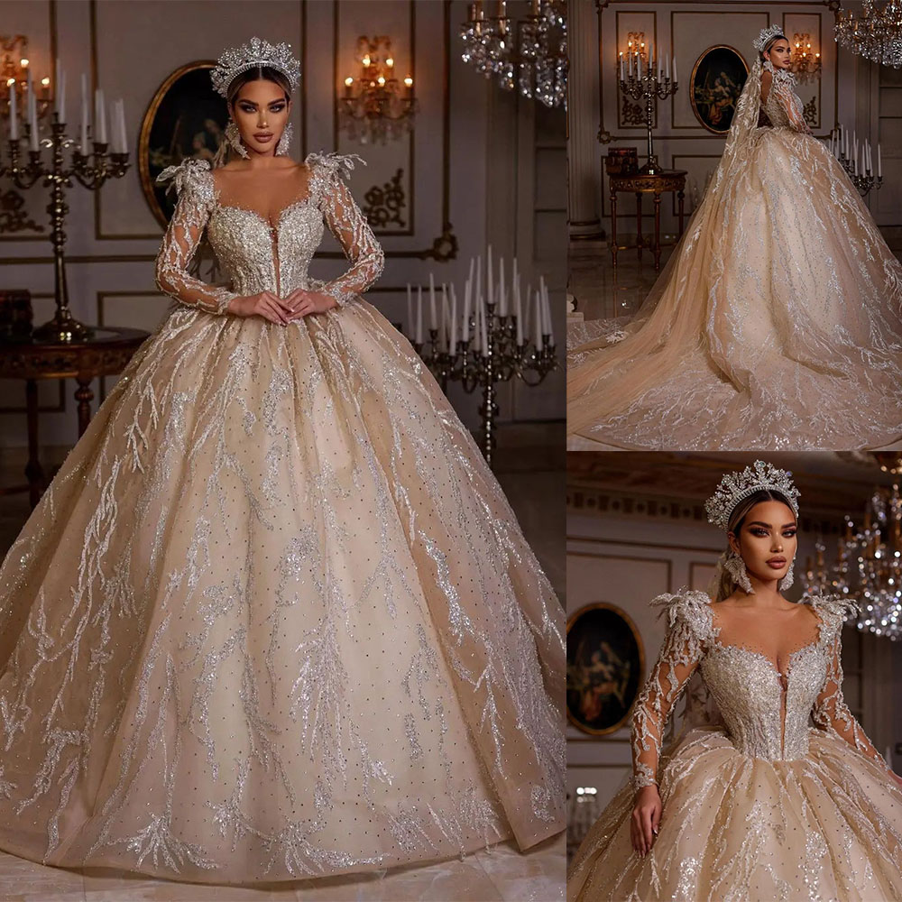 

Princess Beads Ball Gown Wedding Dress Illusion Crystal Applqiues Off Shoulder Sequins Feather Vestido Casamento Lace Bridal Gowns, Fuchsia