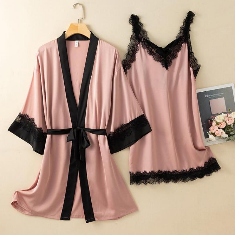 

Women's Sleepwear 2pcs V-Neck Bathrobe Strap Nightgown Summer Women Kimono Robe Gown Suit Two Pieces Sleep Set Satin Lace LoungewearWomen's, Gray