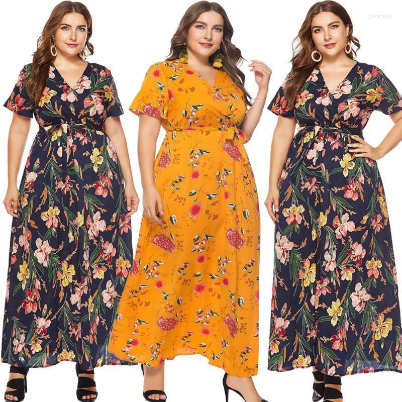 

Plus Size Dresses Women Short Sleeve Floral Printed Long Maxi Dress Summer V-neck Robe Gown Bohemian Beach Holiday Sundress Vestidos Jona22, 01 yellow