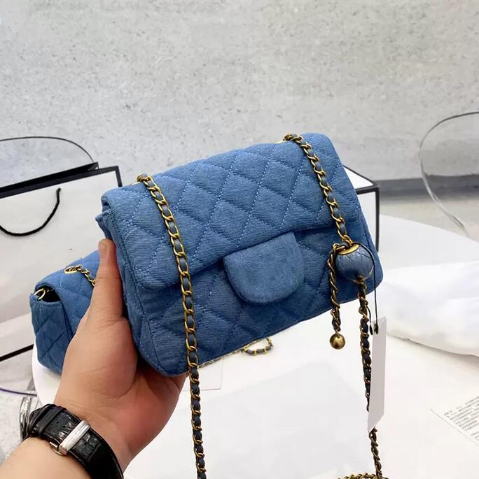 

SW 2022Ss W Womens Classic Mini Flap Quilted Denim Bags Gold Matelasse Chain Crush Blue Ball Adjustable Shoulder Strap Purse Sacoche Luxury Designer Handbags, Extra freight