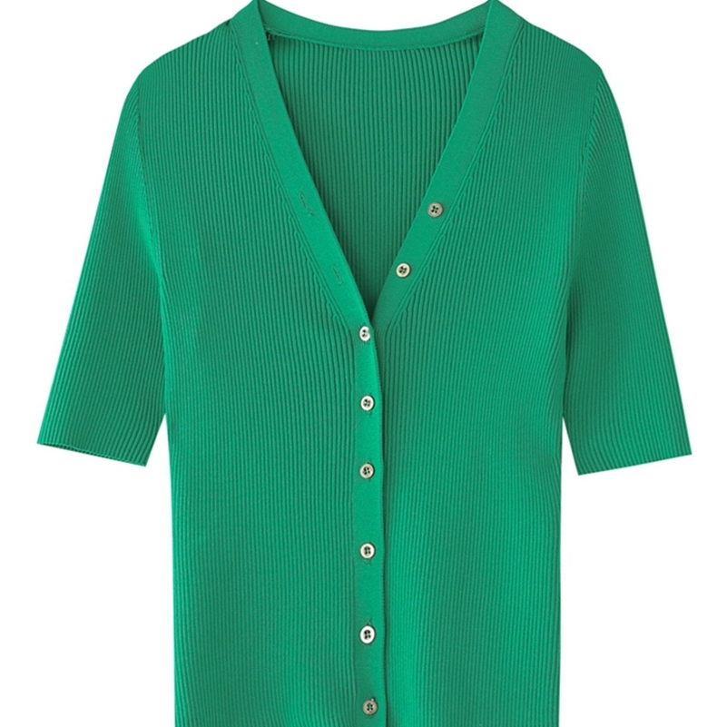 

Single Breasted V Neck Knitwear With Button Women Retro Summer Short Sleeve Knit Cardigan Thin Top B-127 220321, Green