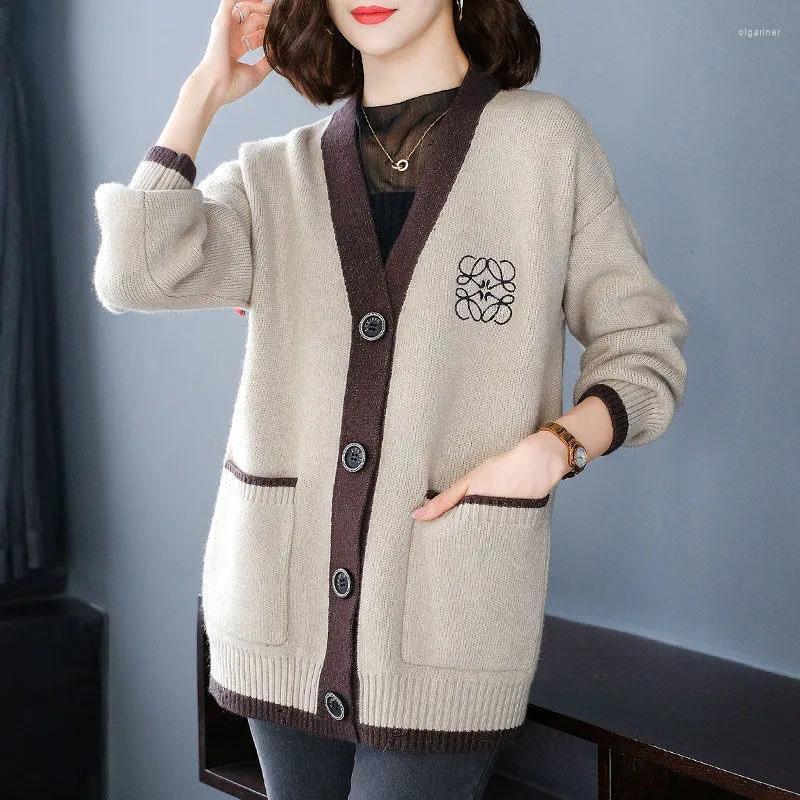 

Women' Knits & Tees Women' Knitted Cardigan Coat Spring Autumn Embroidered Pocket Sweater Outerwear Female Korean Loose V-Neck Olga22, Beige