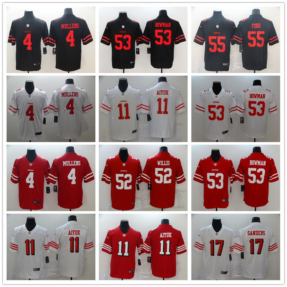 

San Francisco 49ers Football 53 Bowman Jerseys Stitched 4 Nick Mullens 11 Brandon Aiyuk 17 Emmanuel Sanders 52 Patrick Willis 55 Dee Ford Jersey Black Red White for man, As picture