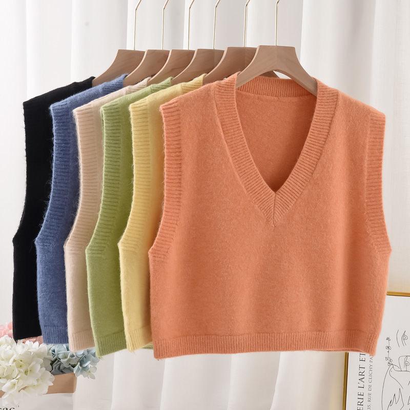 

Clothing Sets V-neck Sleeveless Tops Solid Color Sweater Vest Women Knitted Pullover 2022 Korean Style Autumn Winter Loose WaistcoatClothing, Beige