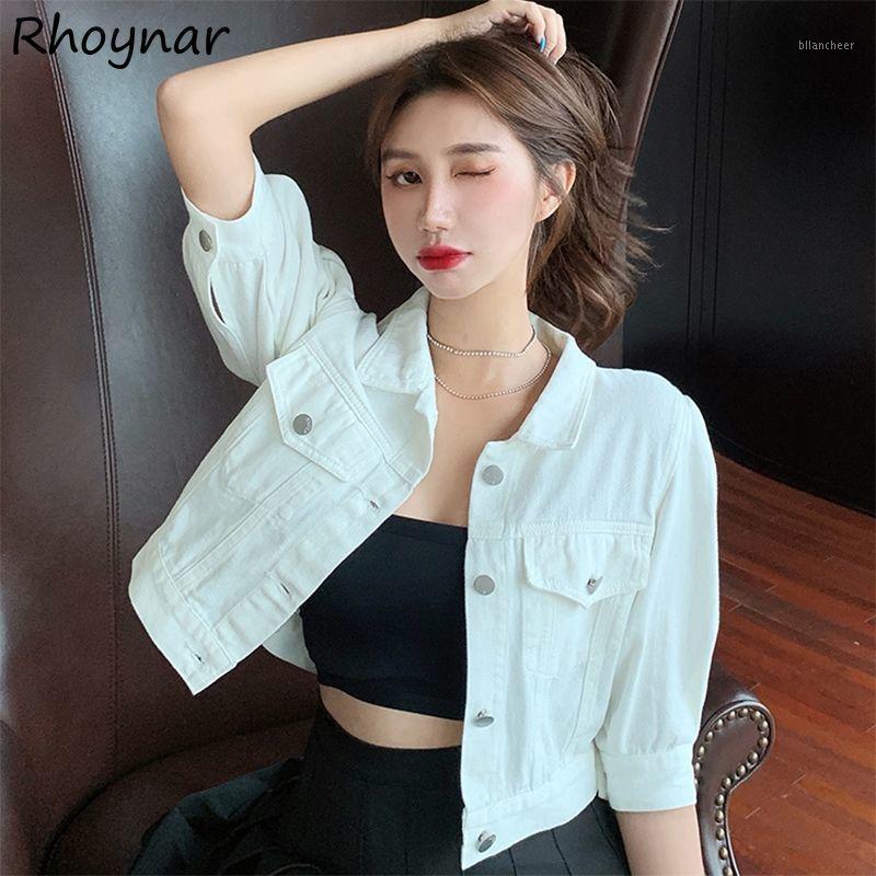 

Women' Jackets Basic Women Summer Denim Cropped Outwear All-match Baggy Retro Vintage Short Puff Sleeve Sweet Harajuku Lapel Streetwear, White