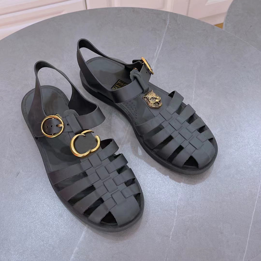 

Men Sandals Designer Sandals Rivet Sandals Double G Sandal Transparent Rubber Slides Ankle Buckle Straps Flat Slipper Summer Beach Shoes, Green