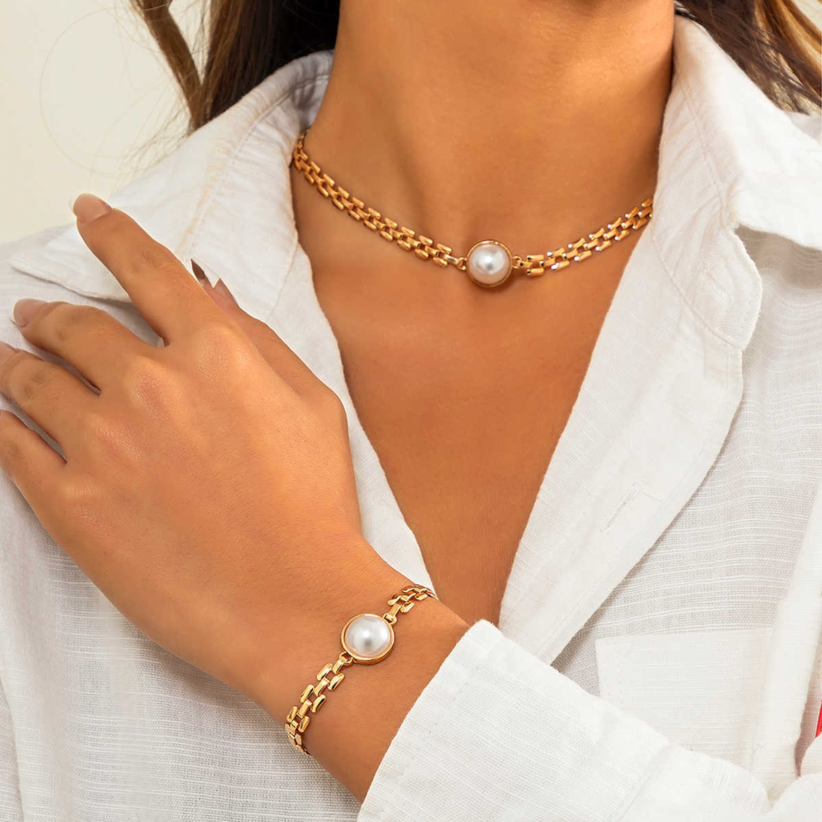 

Simple Imitation Pearl Choker Necklaces For Women Geometric Square Thin Link Chain Short Collar Neck Bracelet Set