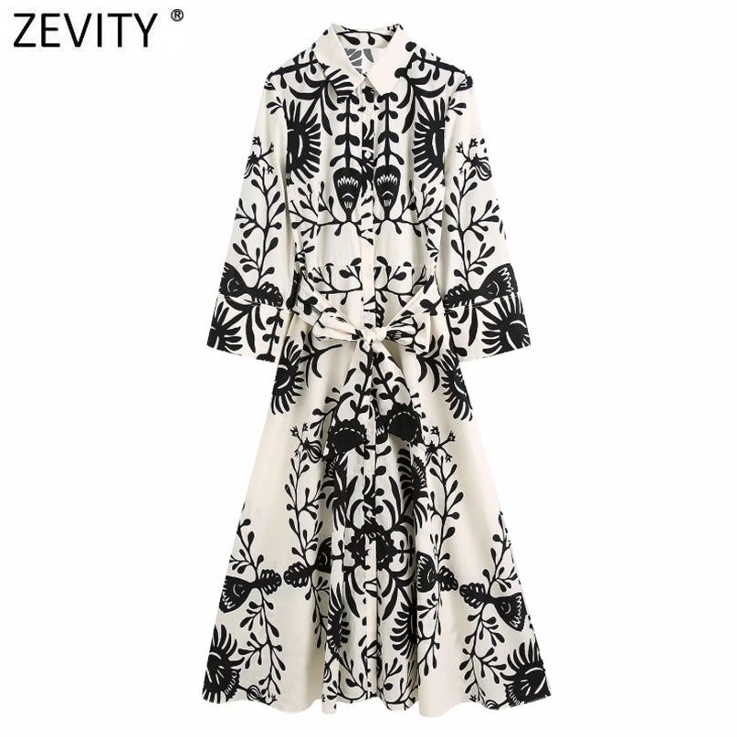 

Zevity Women Vintage Black Totem Print Bow Sashes Shirt Dress Female Chic Three Quarter Sleeve Casual Slim Midi Vestidos DS8640 220613, As pic ds8361bb