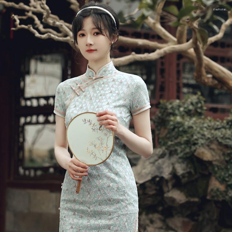 

Ethnic Clothing Chinese Traditional Cheongsam Oriental Dress For Women Sexy Slits Short Sleeve Tang Suit Female Hanfu Qipao Dresses Tight Sk