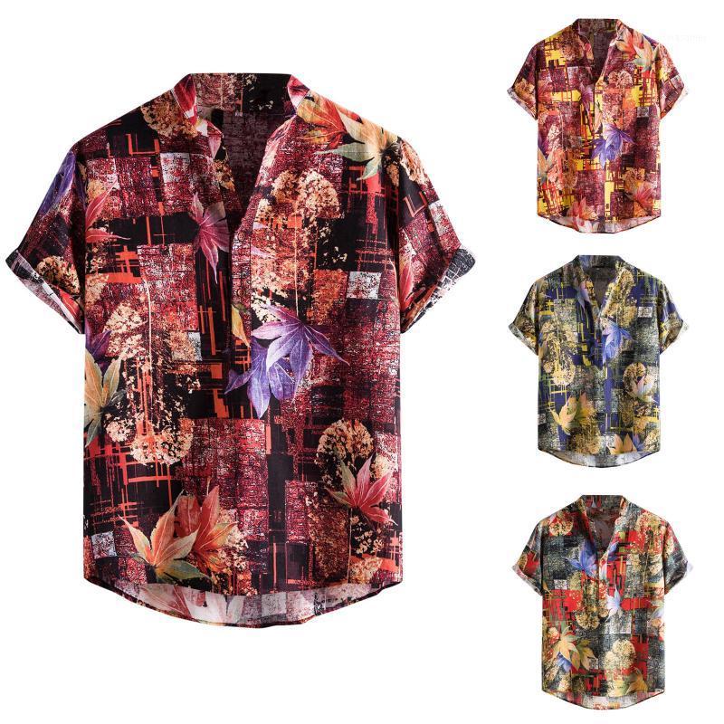 

Men' Casual Shirts Men Shirt Hawaiian Print Summer Beach Stand Collar Short Sleeve Button Pullover Blouse Camisa Masculina, Pp