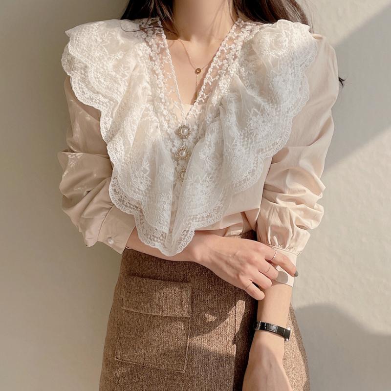 

Women's Blouses & Shirts HziriP Sweet Lace Ruffles Femme Gentle Color-Hit 2022 Loose OL Tops Chic Fashion Stylish All Match High Quality, Black