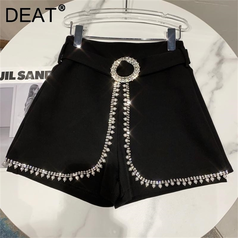 

DEAT Black Spring Summer Arrivals Solid Color Nature Waist Pearl Nailed Bead Edge Fake Two Pieces Shorts MZ360 220419, White