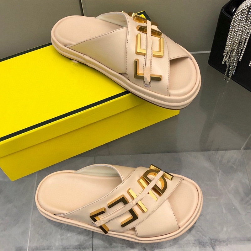 

flat Casual slippers fashion Luxury Designer FF gold metal text daily commute wide leather cross band top quality Ladies Beach shoes 35-42 Big Size women slippers, Black