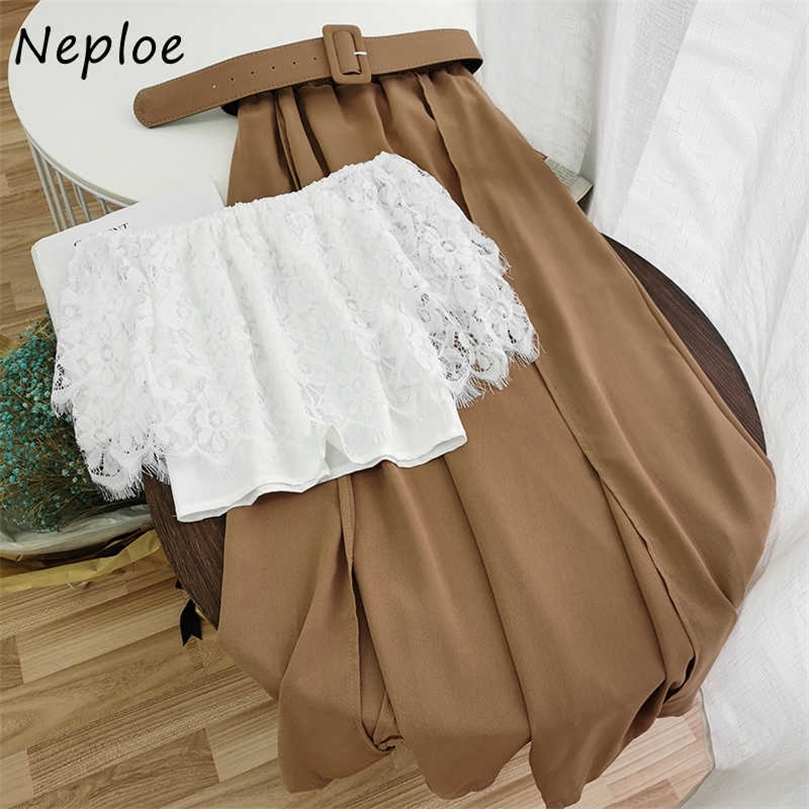 

Neploe Fashion Retro Suits Summer Sexy Shoulder Strapless Lace Tops and Sashes Half-length Skirt Two Piece Set Women 82167 210708, Pink