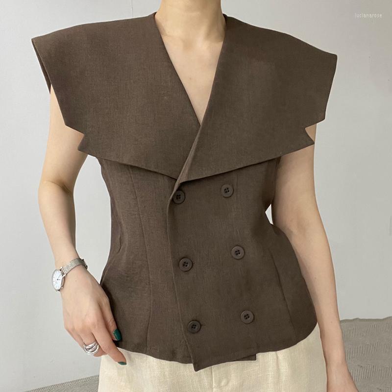 

Women's Vests Fashion Summer Big Lapel Ol Vest Women Double Breasted Slim Waistcoat Luci22, Beige