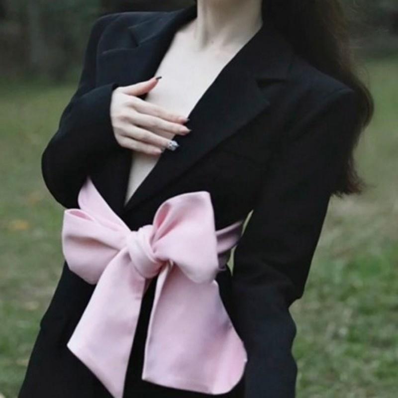 

Women' Suits & Blazers Bow Women Black Blazer Autumn Fashion V-Neck Backless Party Suit Jacket Single Breasted Full Sleeve Lady Medium Long, As photos