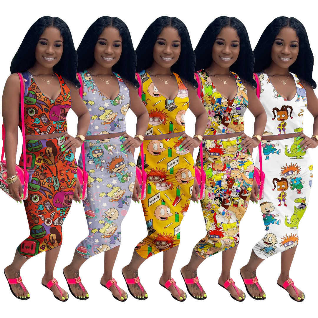 

women's casual fashion cartoon printed V-neck ladies dresses two-piece set, Purple