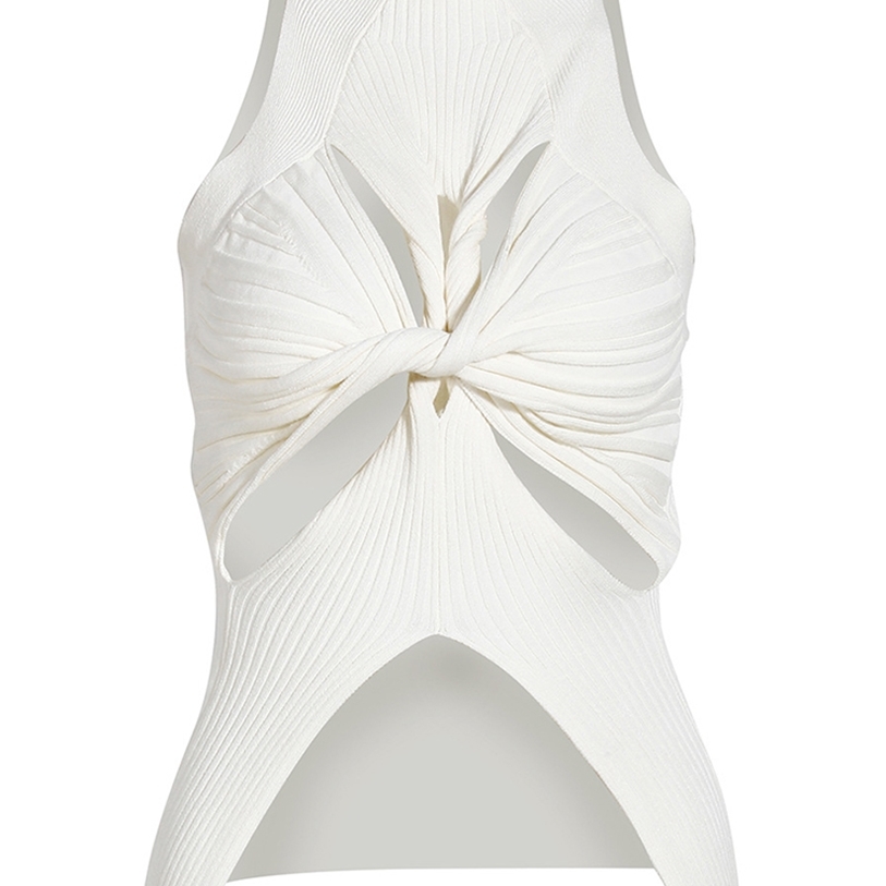 

DEAT Summer Women's Knitted Tops Fashion High Collar Hollow Out Kink Sleeveless Solid Color Tank Female 17A849 220427, White