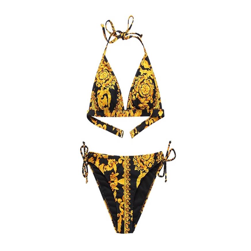 

gold printing new women  designer 2 piece swimsuit crop top beach sexy bikini bra set Classical pattern bathing suit swimwear fre256F